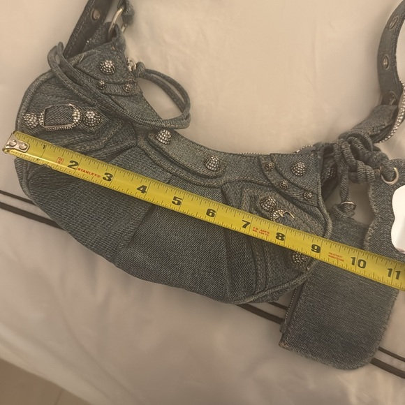 BALENCIAGA 
WOMEN'S LE CAGOLE XS SHOULDER BAG DENIM IN BLUE WITH CRYSTALS - Picture 13 of 14